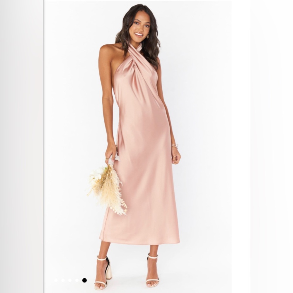 Show Me Your MuMu Bridesmaid Dress Jasmine Halter Mid NWT Size XS Rose Gold Luxe